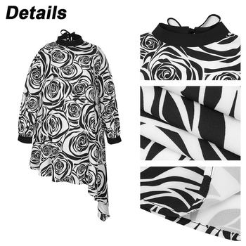 Дамски топ с флорален дигитален принт върху полиестер, дълги ръкави, висока яка, несиметричен подгъв