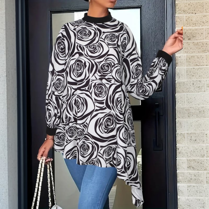 Дамски топ с флорален дигитален принт върху полиестер, дълги ръкави, висока яка, несиметричен подгъв