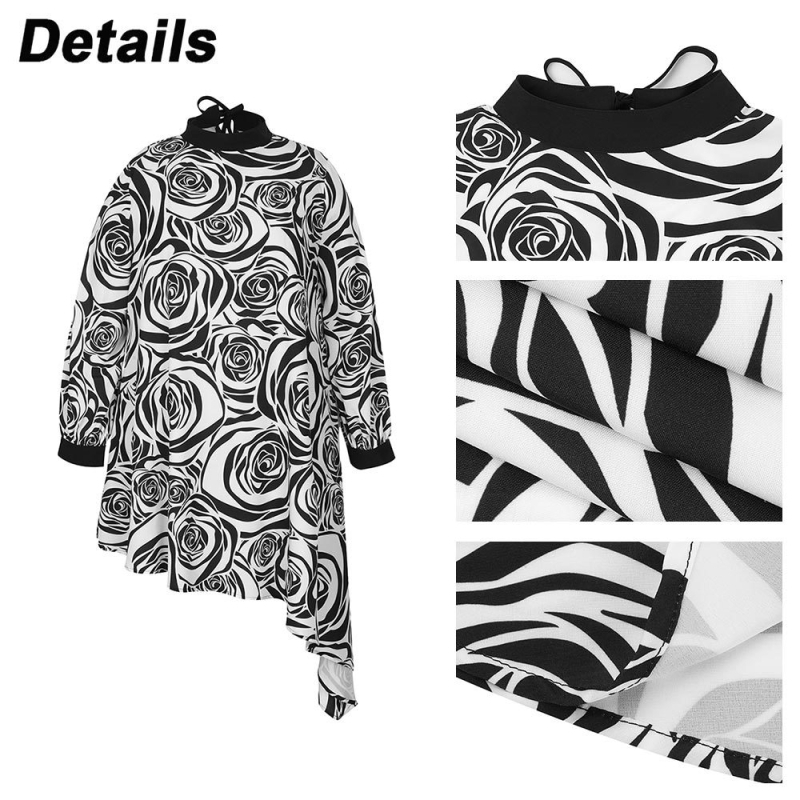 Дамски топ с флорален дигитален принт върху полиестер, дълги ръкави, висока яка, несиметричен подгъв