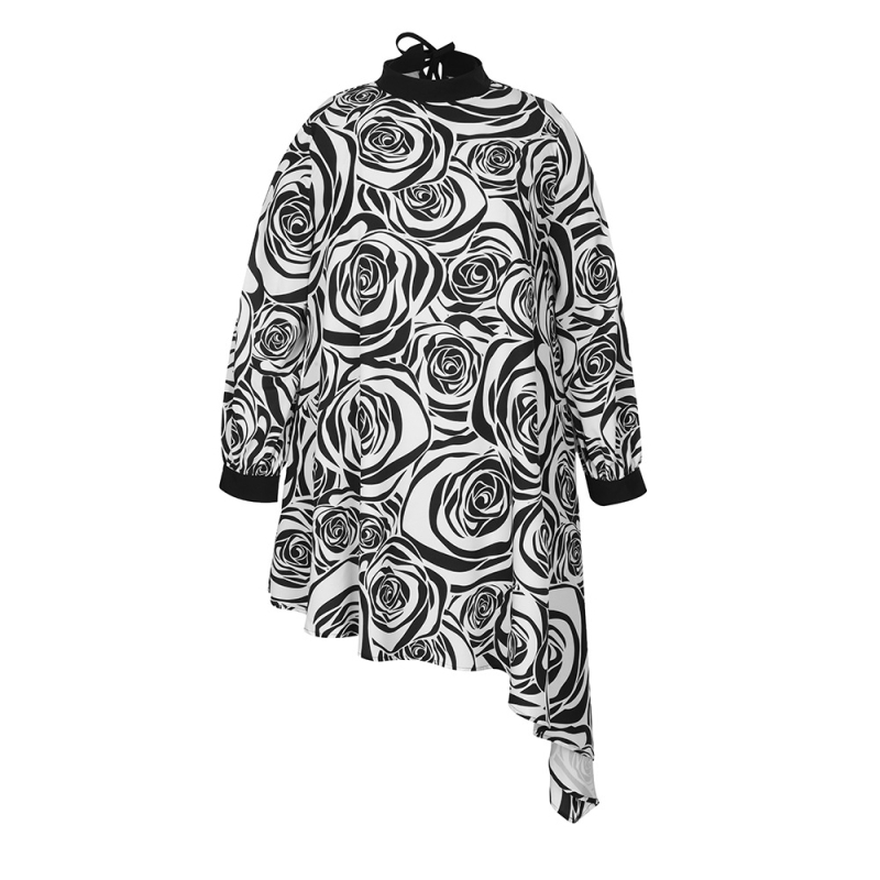 Дамски топ с флорален дигитален принт върху полиестер, дълги ръкави, висока яка, несиметричен подгъв