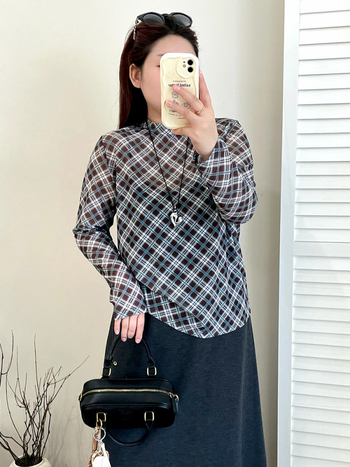 Дамска тънка мрежеста топ с кръгло деколте, ромбовиден модел, дълги ръкави, полиестер със спандекс