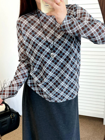 Дамска тънка мрежеста топ с кръгло деколте, ромбовиден модел, дълги ръкави, полиестер със спандекс