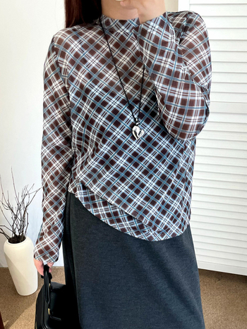 Дамска тънка мрежеста топ с кръгло деколте, ромбовиден модел, дълги ръкави, полиестер със спандекс