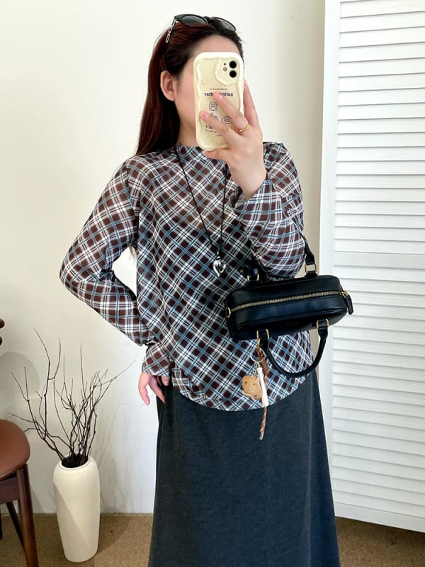 Дамска тънка мрежеста топ с кръгло деколте, ромбовиден модел, дълги ръкави, полиестер със спандекс