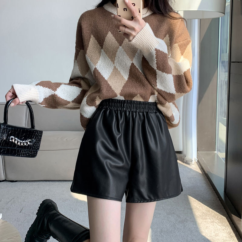 PU kožené široké nohavice s dĺžkou 3/4, vysokým pásom a vreckami