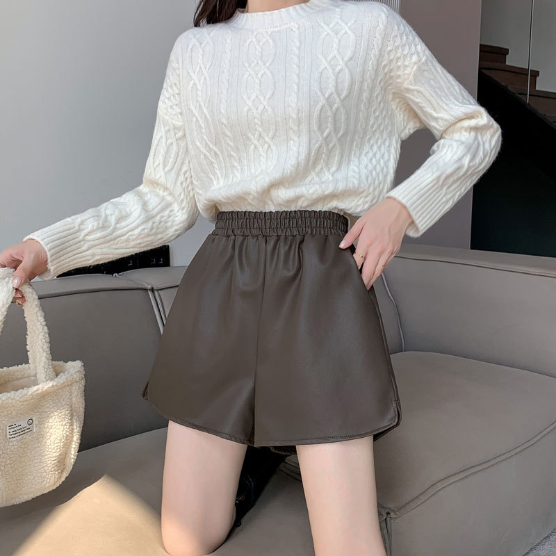 PU kožené široké nohavice s dĺžkou 3/4, vysokým pásom a vreckami