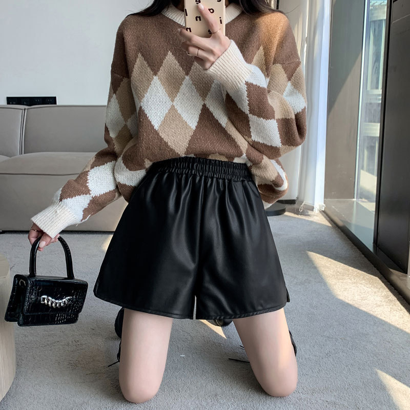 PU kožené široké nohavice s dĺžkou 3/4, vysokým pásom a vreckami