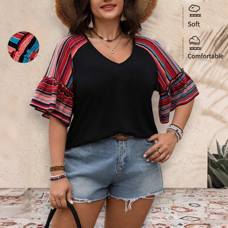 Дамски топ със свободна кройка и V-образно деколте, панелни вложки, къс ръкав, полиестер