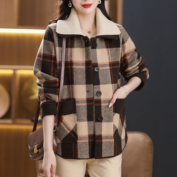 Кардиган с яка, дебел плетен модел в райета, полиестер/вискоза смес, висока температура обработка, Зимна колекция 2025