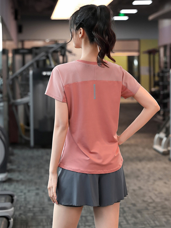 Женска мрежеста бързосъхнеща спортна тениска, свободна кройка, три четвърти ръкав, дизайн с цветови блокове, полиестер-спандекс смес