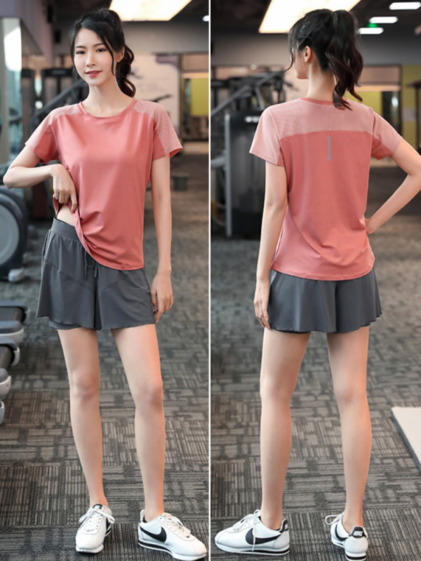 Женска мрежеста бързосъхнеща спортна тениска, свободна кройка, три четвърти ръкав, дизайн с цветови блокове, полиестер-спандекс смес