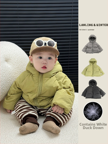 Vaikų žieminė pūkinė striukė su gobtuvu, Korėjietiško stiliaus, laisvas kirpimas, nailoninis išorinis audinys, kačių pūko užpildas, vidutinio ilgio