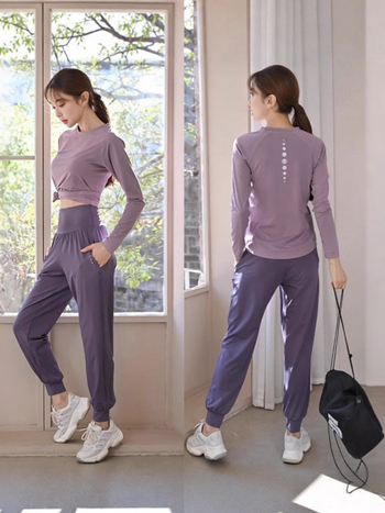 Женски двукомпонентен спортен комплект, бързосъхнещ и дишащ, дълъг ръкав топ и панталони, полиестер-еластан плат, есен 2025 издание, ежедневен стил