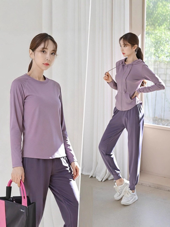 Женски двукомпонентен спортен комплект, бързосъхнещ и дишащ, дълъг ръкав топ и панталони, полиестер-еластан плат, есен 2025 издание, ежедневен стил