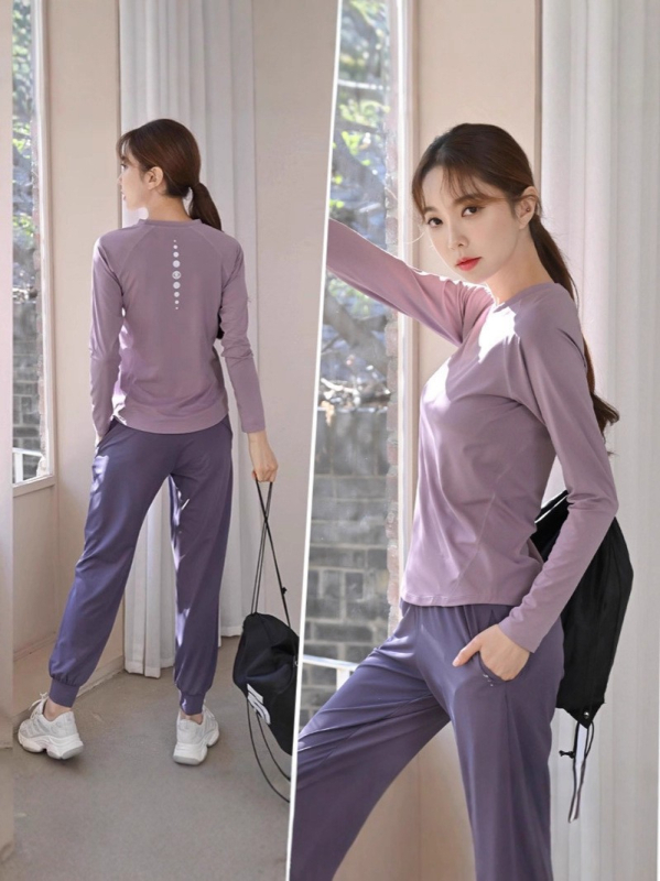 Женски двукомпонентен спортен комплект, бързосъхнещ и дишащ, дълъг ръкав топ и панталони, полиестер-еластан плат, есен 2025 издание, ежедневен стил
