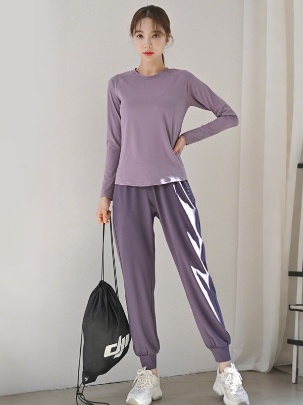 Женски двукомпонентен спортен комплект, бързосъхнещ и дишащ, дълъг ръкав топ и панталони, полиестер-еластан плат, есен 2025 издание, ежедневен стил