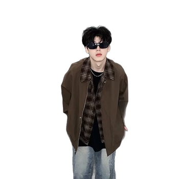 Pánska jacheta v americkom retro štýle, reverový golier, zips, voľný strih, vonkajší materiál z polyesteru, podšívka 100% polyester, vhodná na jar a jeseň