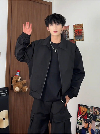 Muška jakna u japanskom retro stilu, otporan na vjetar poliester, zatvarač, širok kroj, dugi rukavi