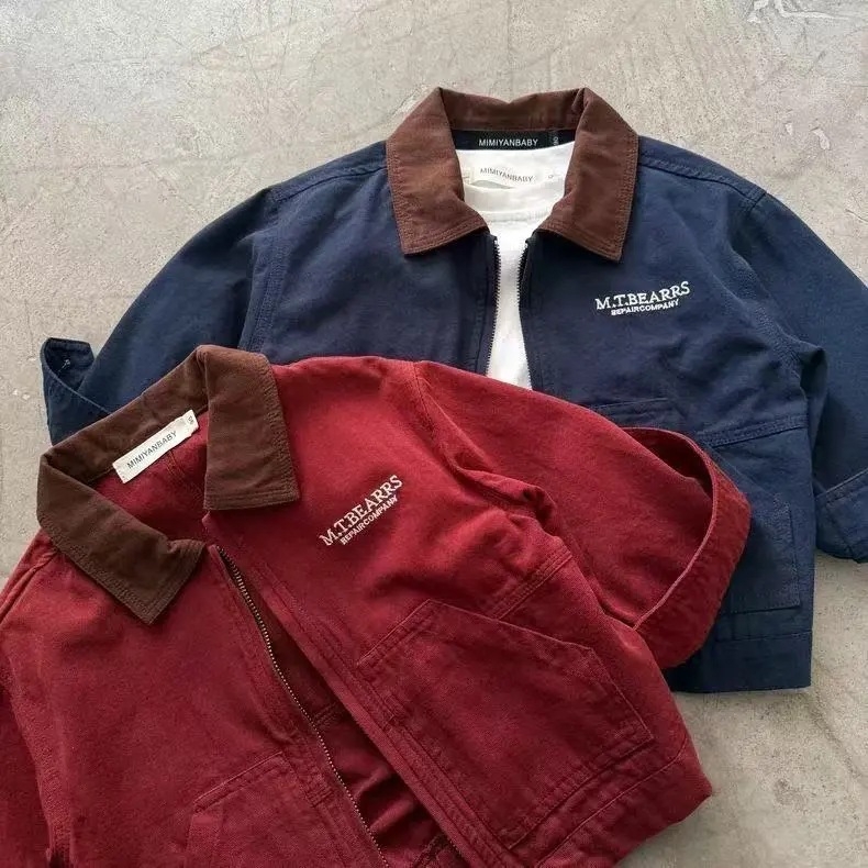 Παιδικό μπουφάν σε κορεατικό στυλ workwear για άνοιξη-φθινόπωρο, μακριά μανίκια, φερμουάρ μπροστά, μεσαίου μήκους