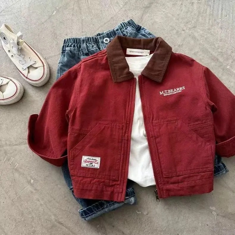 Παιδικό μπουφάν σε κορεατικό στυλ workwear για άνοιξη-φθινόπωρο, μακριά μανίκια, φερμουάρ μπροστά, μεσαίου μήκους