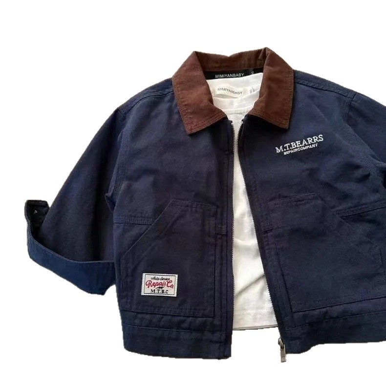 Παιδικό μπουφάν σε κορεατικό στυλ workwear για άνοιξη-φθινόπωρο, μακριά μανίκια, φερμουάρ μπροστά, μεσαίου μήκους