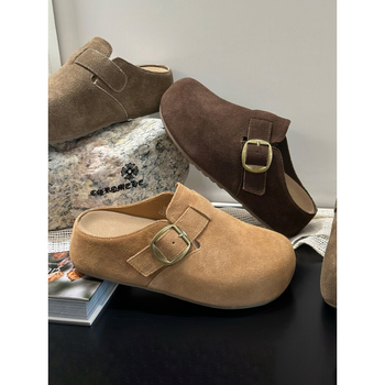 Birkenstock-εμπνευσμένα μισο-σανδάλια με βελούδινο επάνω μέρος, Baotou δάχτυλο, εσωτερικό ύψος, καουτσούκ σόλα, ρετρό στυλ