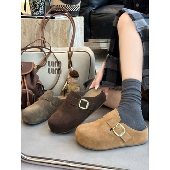 Birkenstock-εμπνευσμένα μισο-σανδάλια με βελούδινο επάνω μέρος, Baotou δάχτυλο, εσωτερικό ύψος, καουτσούκ σόλα, ρετρό στυλ