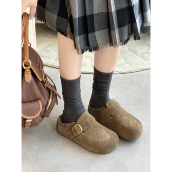 Birkenstock-εμπνευσμένα μισο-σανδάλια με βελούδινο επάνω μέρος, Baotou δάχτυλο, εσωτερικό ύψος, καουτσούκ σόλα, ρετρό στυλ
