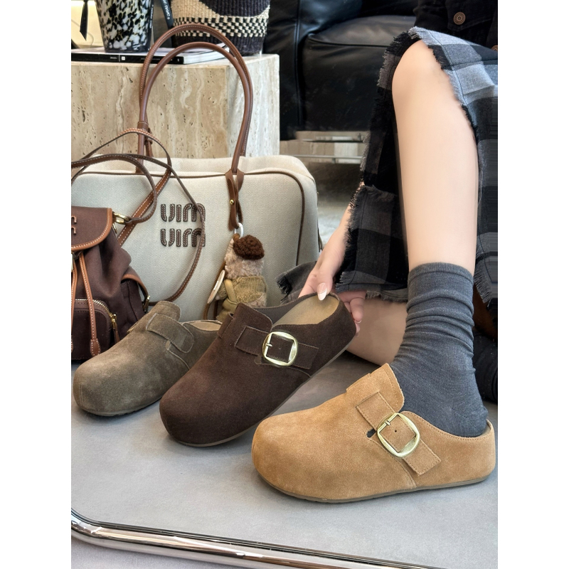 Birkenstock-εμπνευσμένα μισο-σανδάλια με βελούδινο επάνω μέρος, Baotou δάχτυλο, εσωτερικό ύψος, καουτσούκ σόλα, ρετρό στυλ