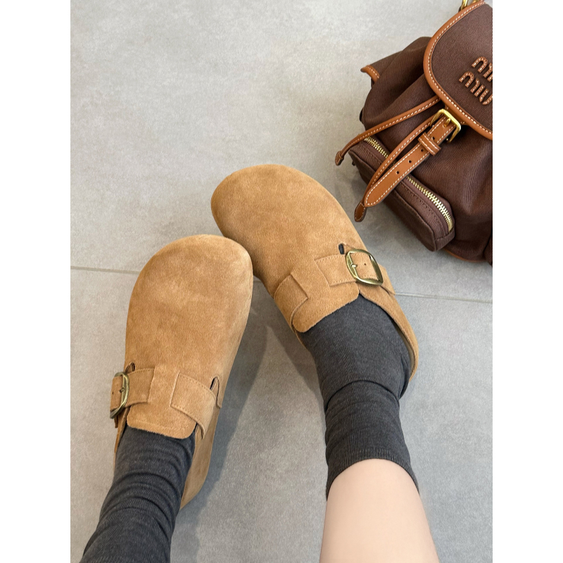Birkenstock-εμπνευσμένα μισο-σανδάλια με βελούδινο επάνω μέρος, Baotou δάχτυλο, εσωτερικό ύψος, καουτσούκ σόλα, ρετρό στυλ