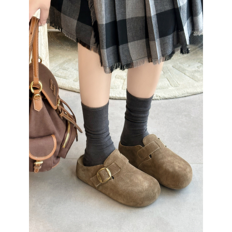 Birkenstock-εμπνευσμένα μισο-σανδάλια με βελούδινο επάνω μέρος, Baotou δάχτυλο, εσωτερικό ύψος, καουτσούκ σόλα, ρετρό στυλ
