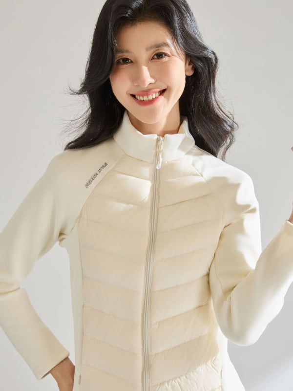 Páperová bunda (kačacie páperie 86–90%, úzky strih, stojací golier, zips)