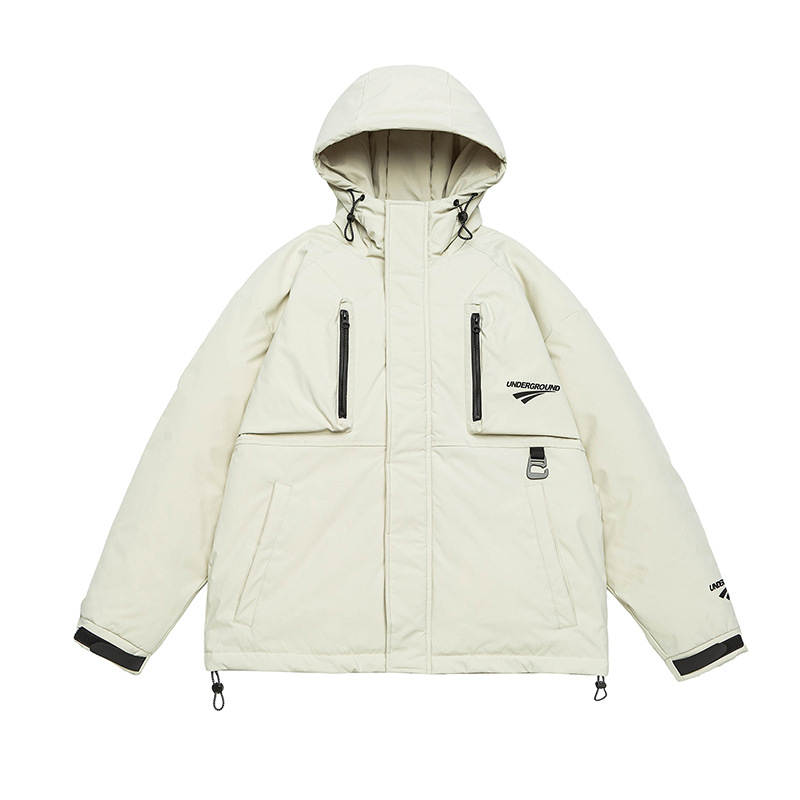 Prešívaná bunda s kapucňou, voľný strih, stojací golier, hrubá izolácia; výplň 550, odolná voči vetru, voči chladu