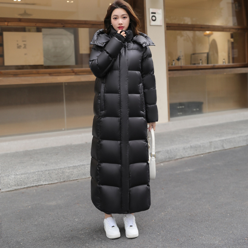 Love Damon dámska bunda s kapucňou, dĺžka nad kolená, výplň kačacím perím, kasmír 91–95%, polovičný golier