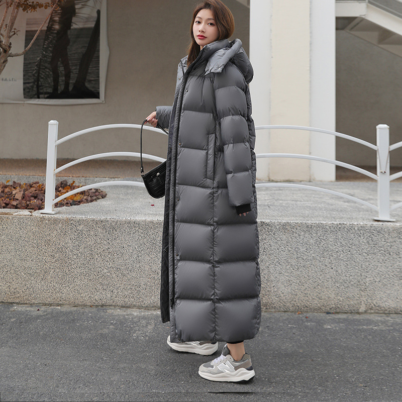 Love Damon dámska bunda s kapucňou, dĺžka nad kolená, výplň kačacím perím, kasmír 91–95%, polovičný golier