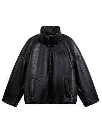 Bunda z PU kože so stojacim golierom, zipsom, voľný strih, výplň z bieleho husieho peria 86–90%