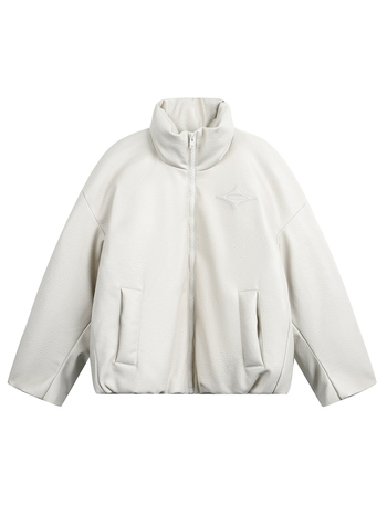 Bunda z PU kože so stojacim golierom, zipsom, voľný strih, výplň z bieleho husieho peria 86–90%