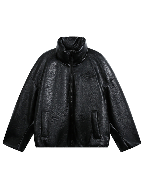 Bunda z PU kože so stojacim golierom, zipsom, voľný strih, výplň z bieleho husieho peria 86–90%