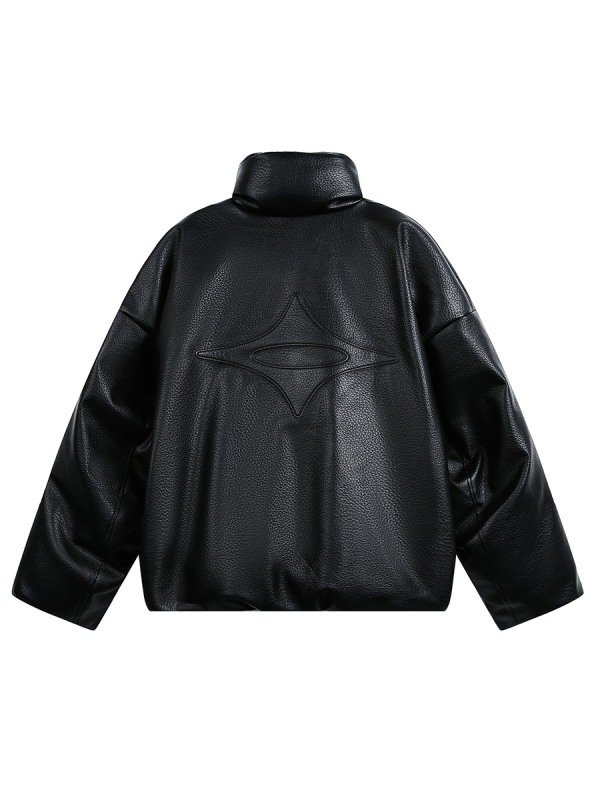 Bunda z PU kože so stojacim golierom, zipsom, voľný strih, výplň z bieleho husieho peria 86–90%