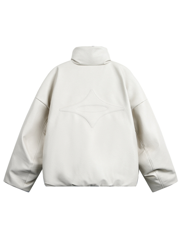 Bunda z PU kože so stojacim golierom, zipsom, voľný strih, výplň z bieleho husieho peria 86–90%