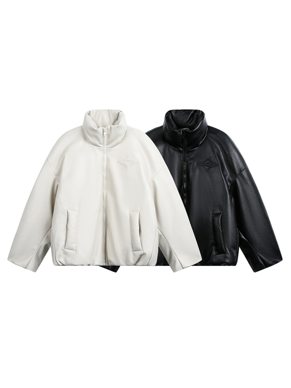 Bunda z PU kože so stojacim golierom, zipsom, voľný strih, výplň z bieleho husieho peria 86–90%