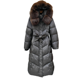 Dámska stredne dlhá páperová bunda, kapucňa, odnímateľný lím z líščieho kožušiny, zúžený pás, výplň 301–350 g