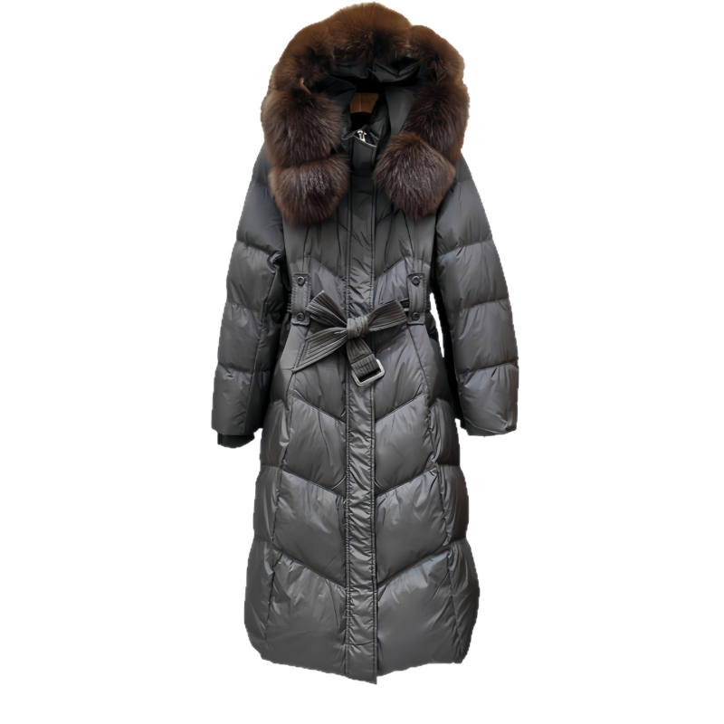 Dámska stredne dlhá páperová bunda, kapucňa, odnímateľný lím z líščieho kožušiny, zúžený pás, výplň 301–350 g