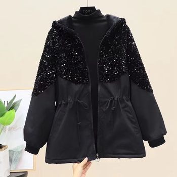 Csillogó kapucnis dzseki flitterekkel, deréktájon hangsúlyozva, laza szabás, poliészter, őszi-téli 2023, városi stílus