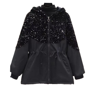 Csillogó kapucnis dzseki flitterekkel, deréktájon hangsúlyozva, laza szabás, poliészter, őszi-téli 2023, városi stílus