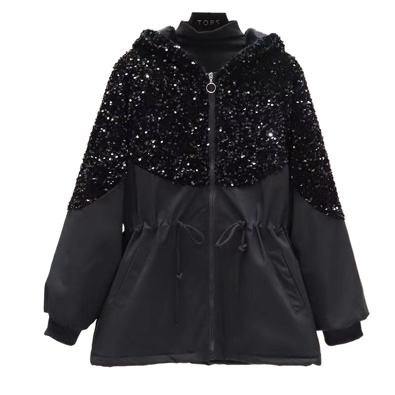 Csillogó kapucnis dzseki flitterekkel, deréktájon hangsúlyozva, laza szabás, poliészter, őszi-téli 2023, városi stílus