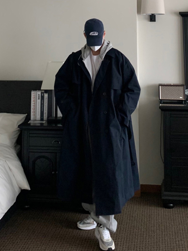 ASCLO pánske trench kabát, kórejský štýl, stredná dĺžka nad kolená, golier s klopou, pásik, zapínanie na jeden rad gombov