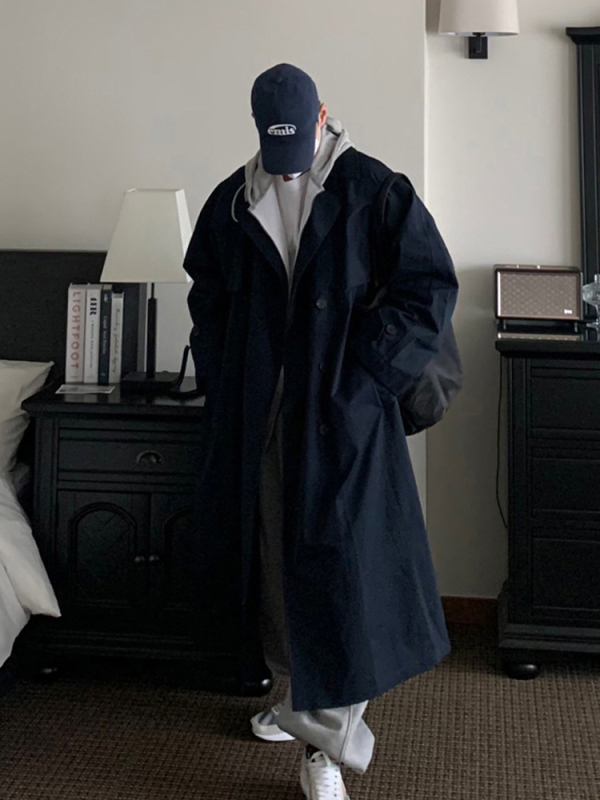 ASCLO vyriškas trench kailis, Koreėjos stiliaus, vidutinio ilgio virš kelio, apykaklė su klopomis, diržas, vienos eilės užsegimas