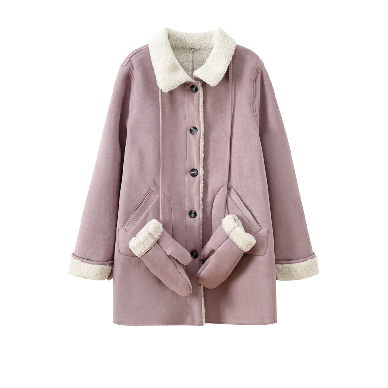 Sieviešu velūra jaka ar integrētu kažoku, ziemas 2025, garš siluets, apkakle, vienrindas pogu aizvēršana