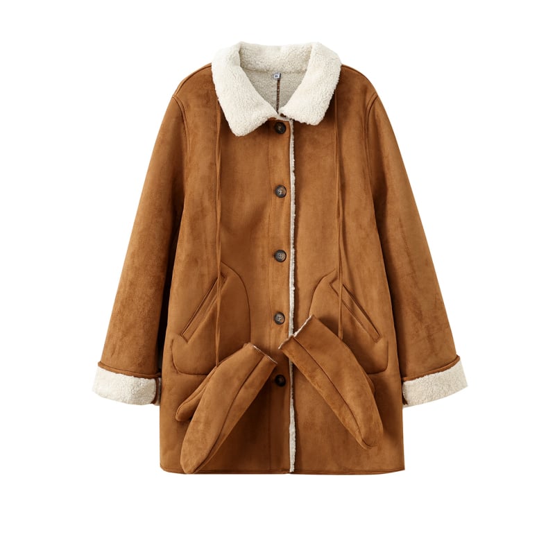Sieviešu velūra jaka ar integrētu kažoku, ziemas 2025, garš siluets, apkakle, vienrindas pogu aizvēršana
